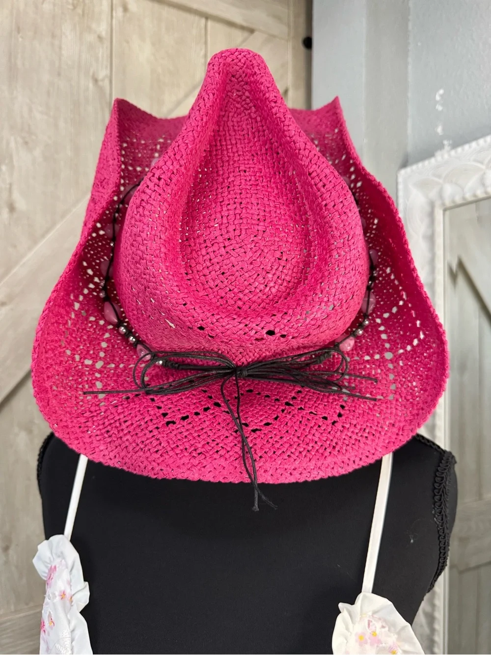 Vibrant Fuchsia Beaded Straw Cowboy Hat 🤠💗